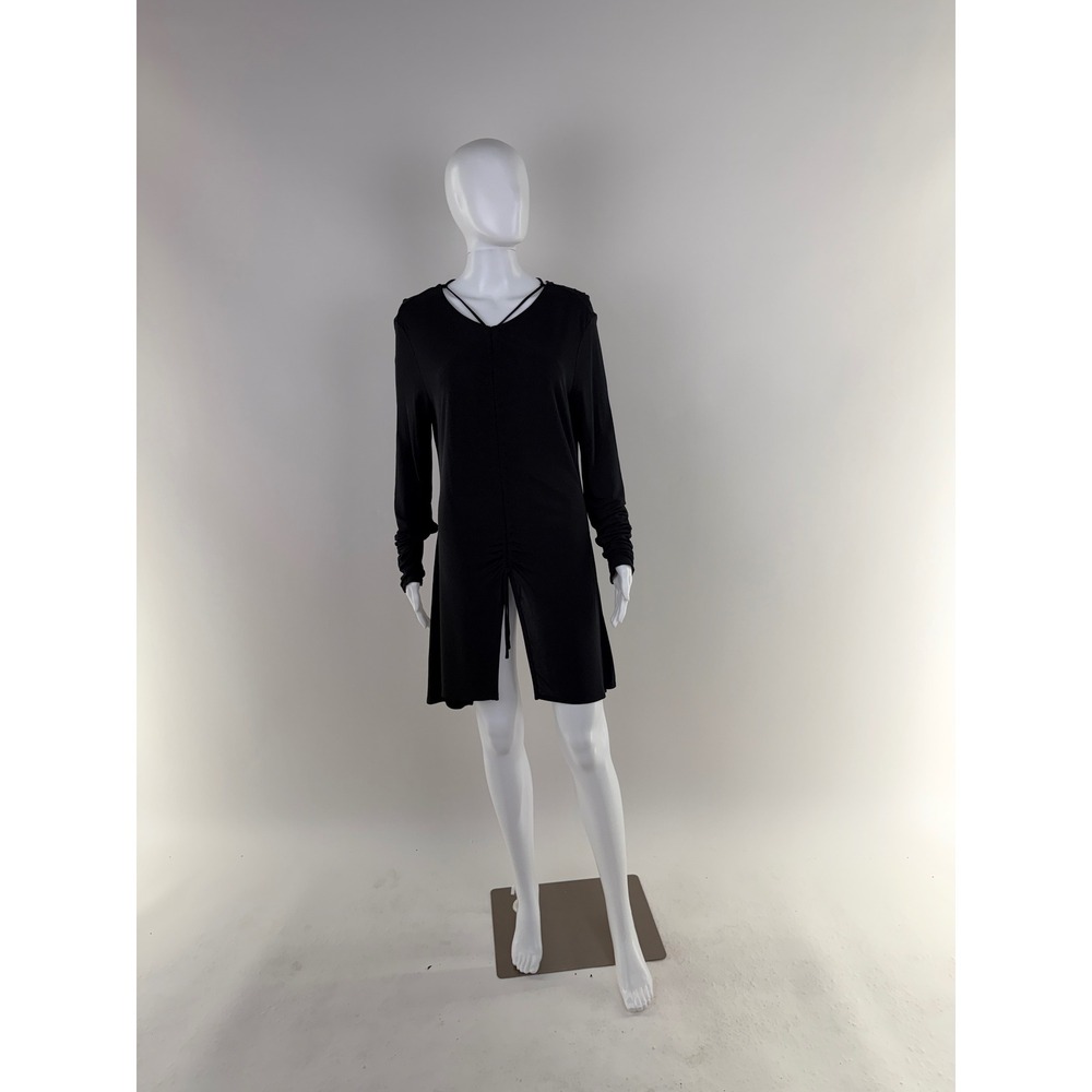 Black Ruched V Neck Long Sleeve Top Tunic Dress Made In China Size 12 - Picture 3 of 8